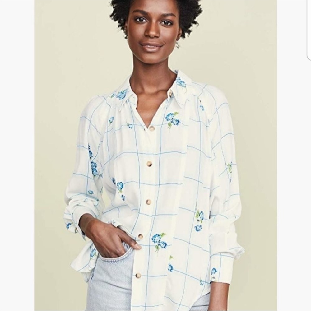 Floral Windowpane Checkered Blue Rose White Blouse